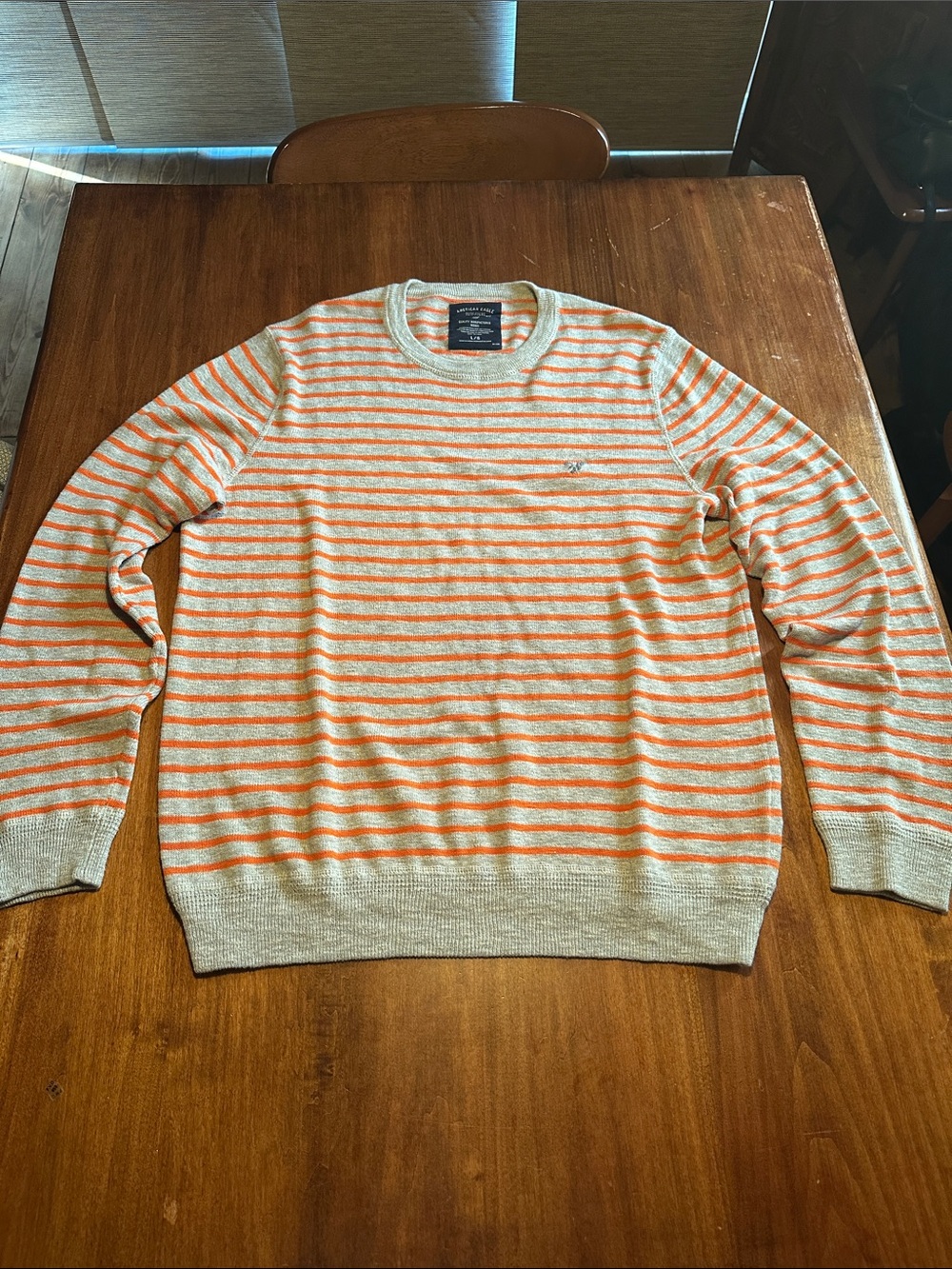 American Eagle Outfitters Crewneck Sweater in Light Gray and Orange Stripe